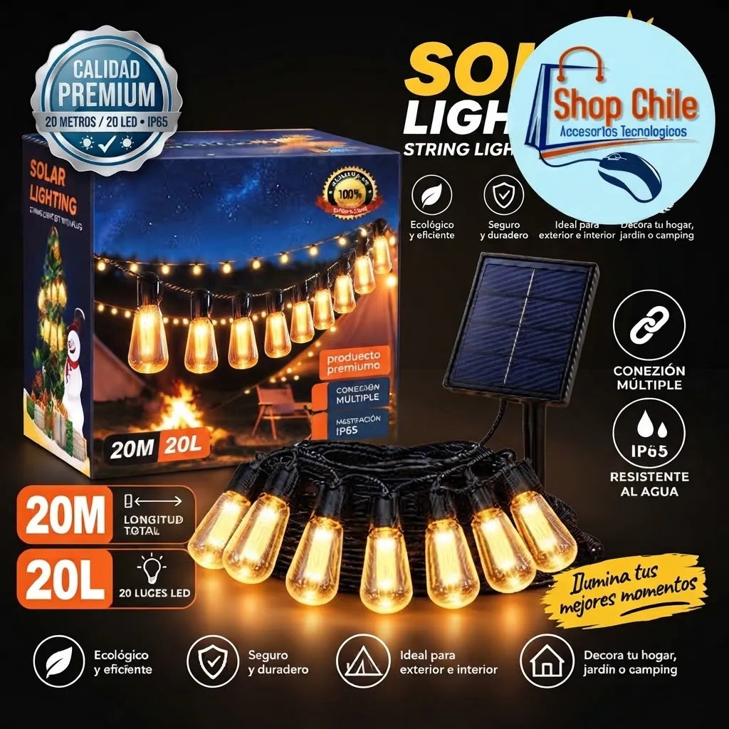 💡 Guirnalda Solar Vintage 20 Metros® | 20 Ampolletas LED Exterior ☀️✨