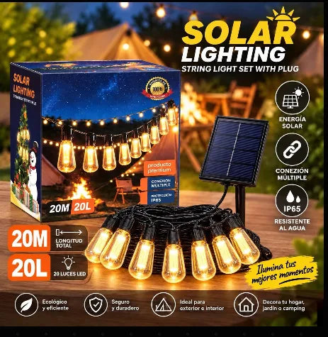 💡 Guirnalda Solar Vintage 20 Metros® | 20 Ampolletas LED Exterior ☀️✨