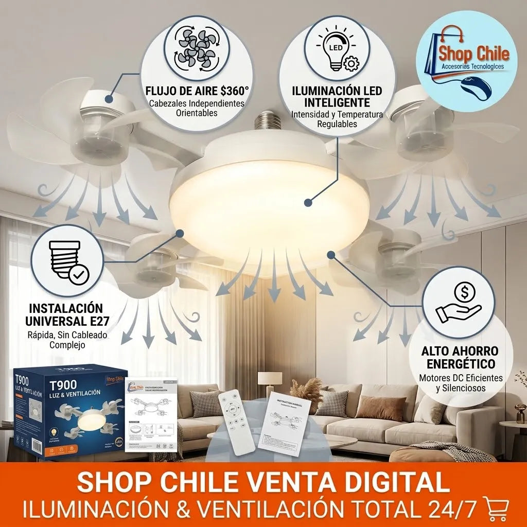 💡 Ventilador de Techo Soquete E27 con Luz LED® | 4 Aspas + Control Remoto ❄️✨