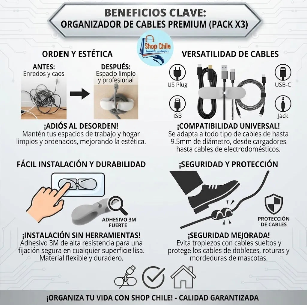 🔌 Organizador de Cables de Silicona (Pack x3) | Cero Enredos ✨