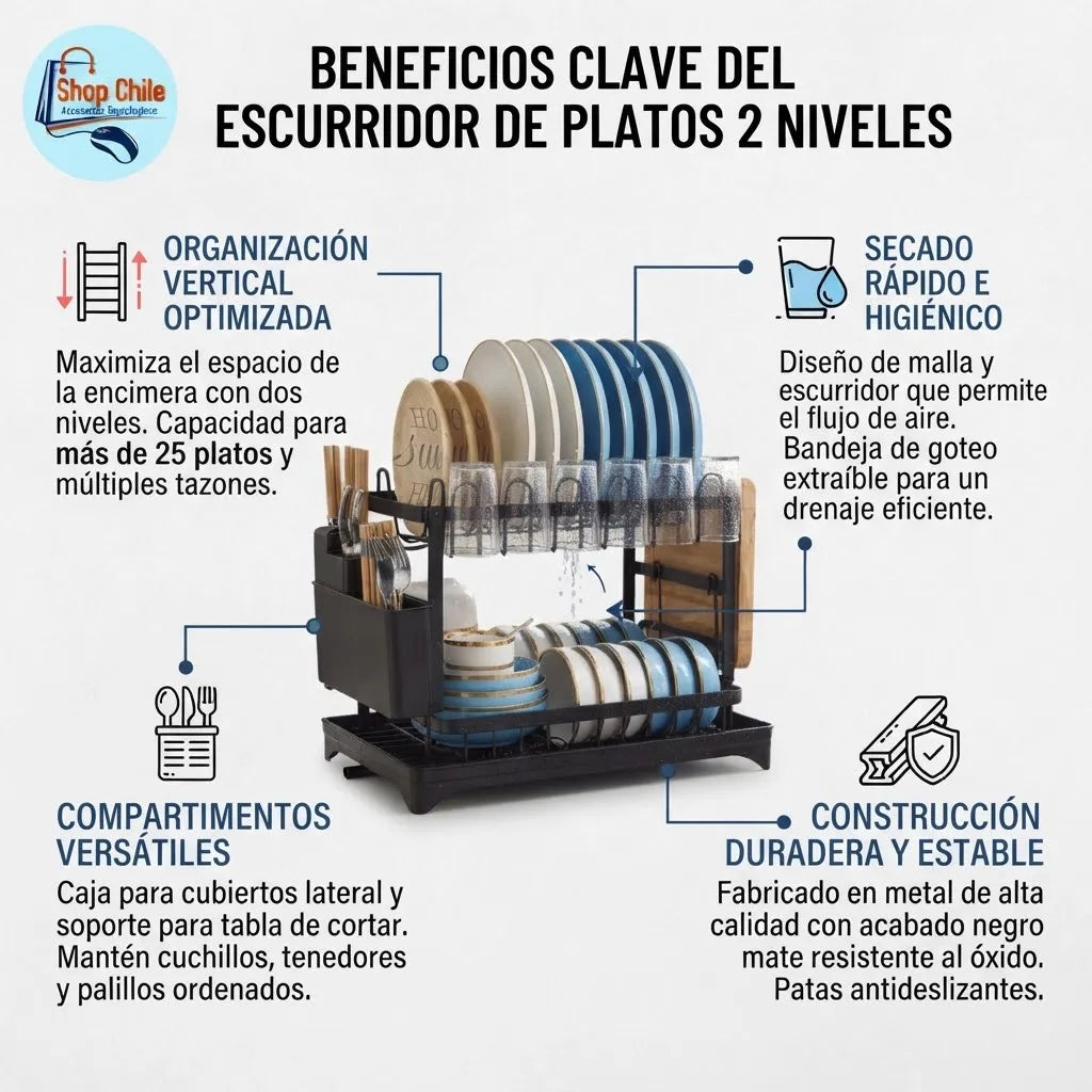 🍽️ Organizador Escurridor de Platos 2 Niveles® | Acero Anti-Óxido 🧽✨
