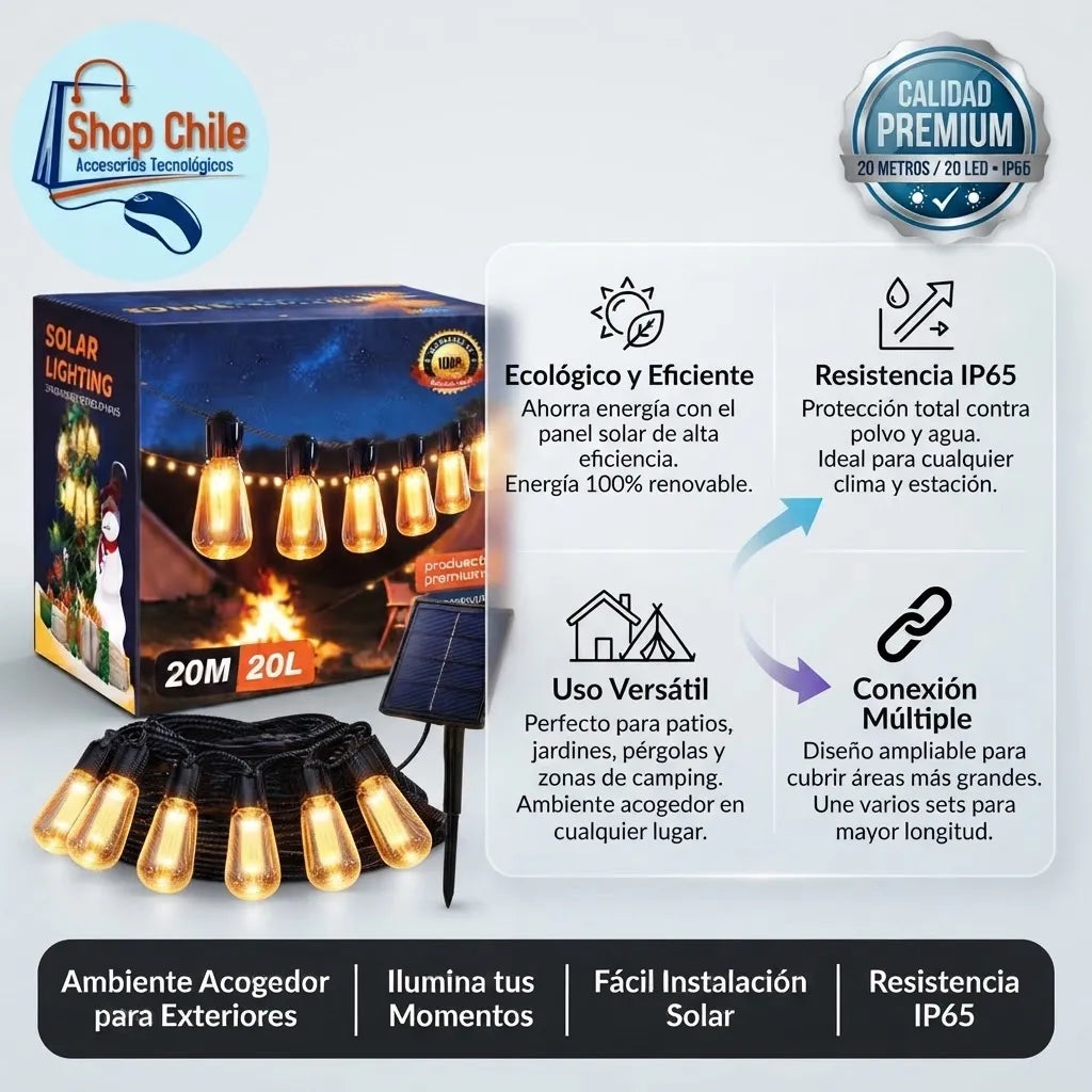 💡 Guirnalda Solar Vintage 20 Metros® | 20 Ampolletas LED Exterior ☀️✨