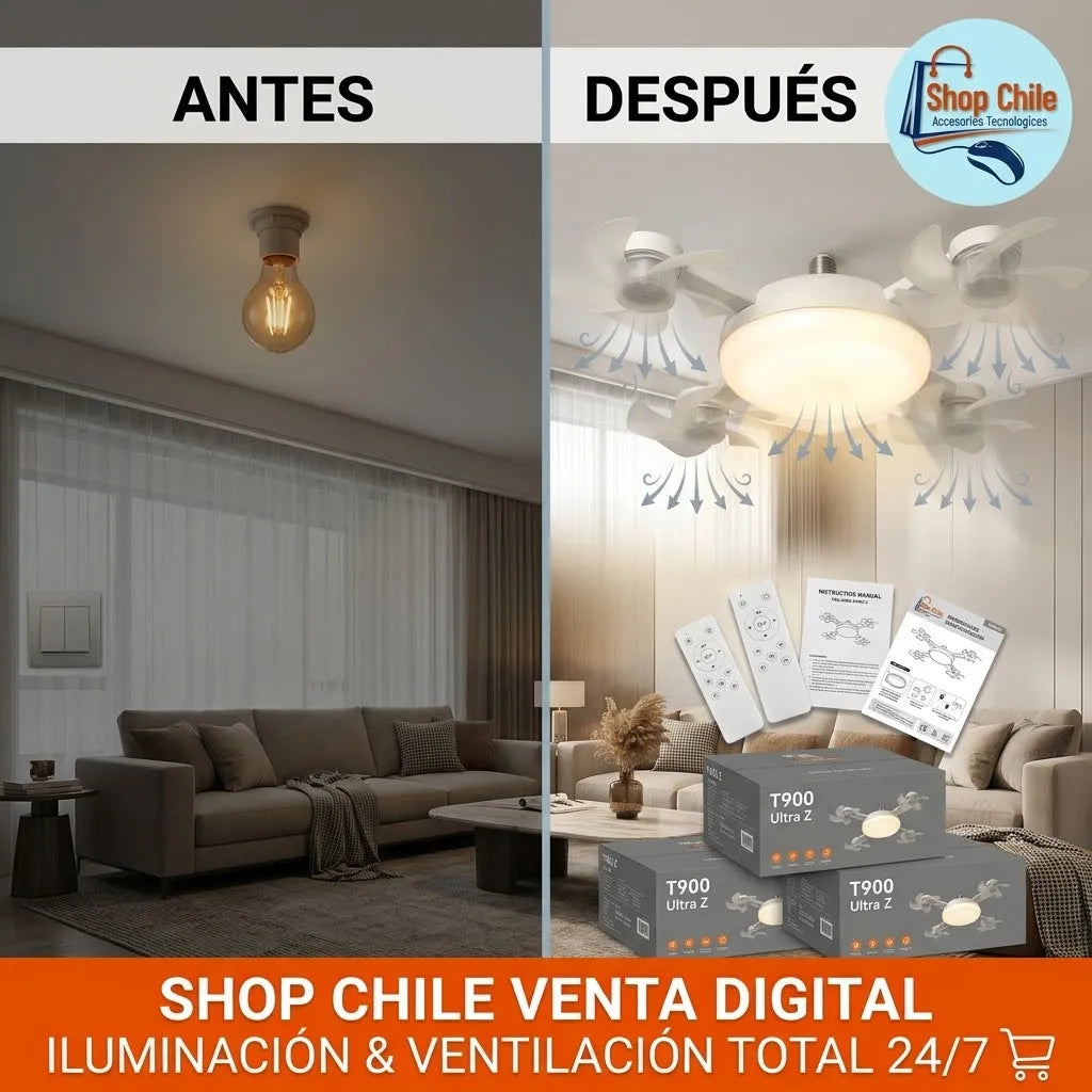 💡 Ventilador de Techo Soquete E27 con Luz LED® | 4 Aspas + Control Remoto ❄️✨