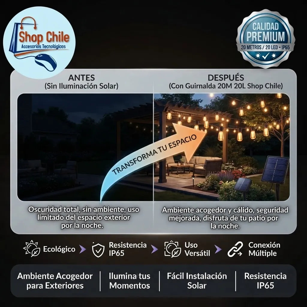 💡 Guirnalda Solar Vintage 20 Metros® | 20 Ampolletas LED Exterior ☀️✨