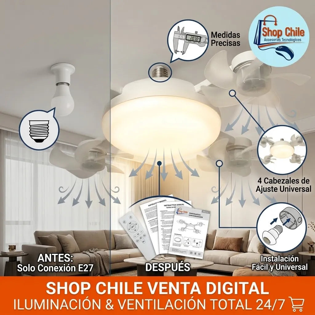 💡 Ventilador de Techo Soquete E27 con Luz LED® | 4 Aspas + Control Remoto ❄️✨