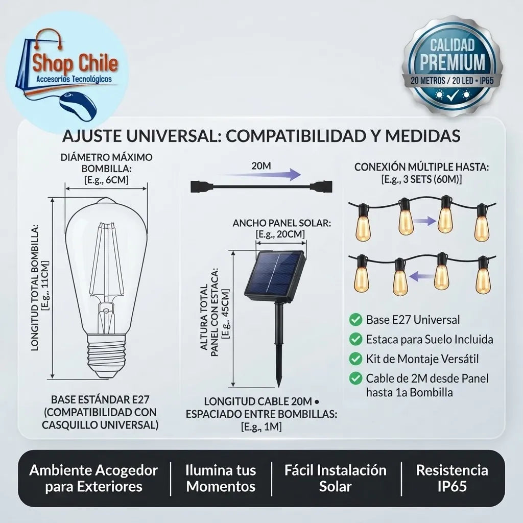 💡 Guirnalda Solar Vintage 20 Metros® | 20 Ampolletas LED Exterior ☀️✨
