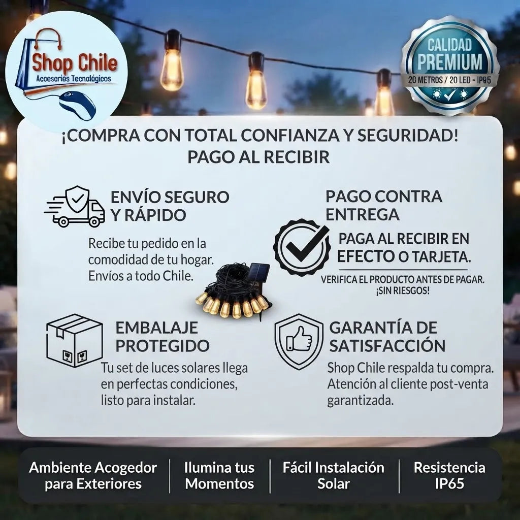 💡 Guirnalda Solar Vintage 20 Metros® | 20 Ampolletas LED Exterior ☀️✨